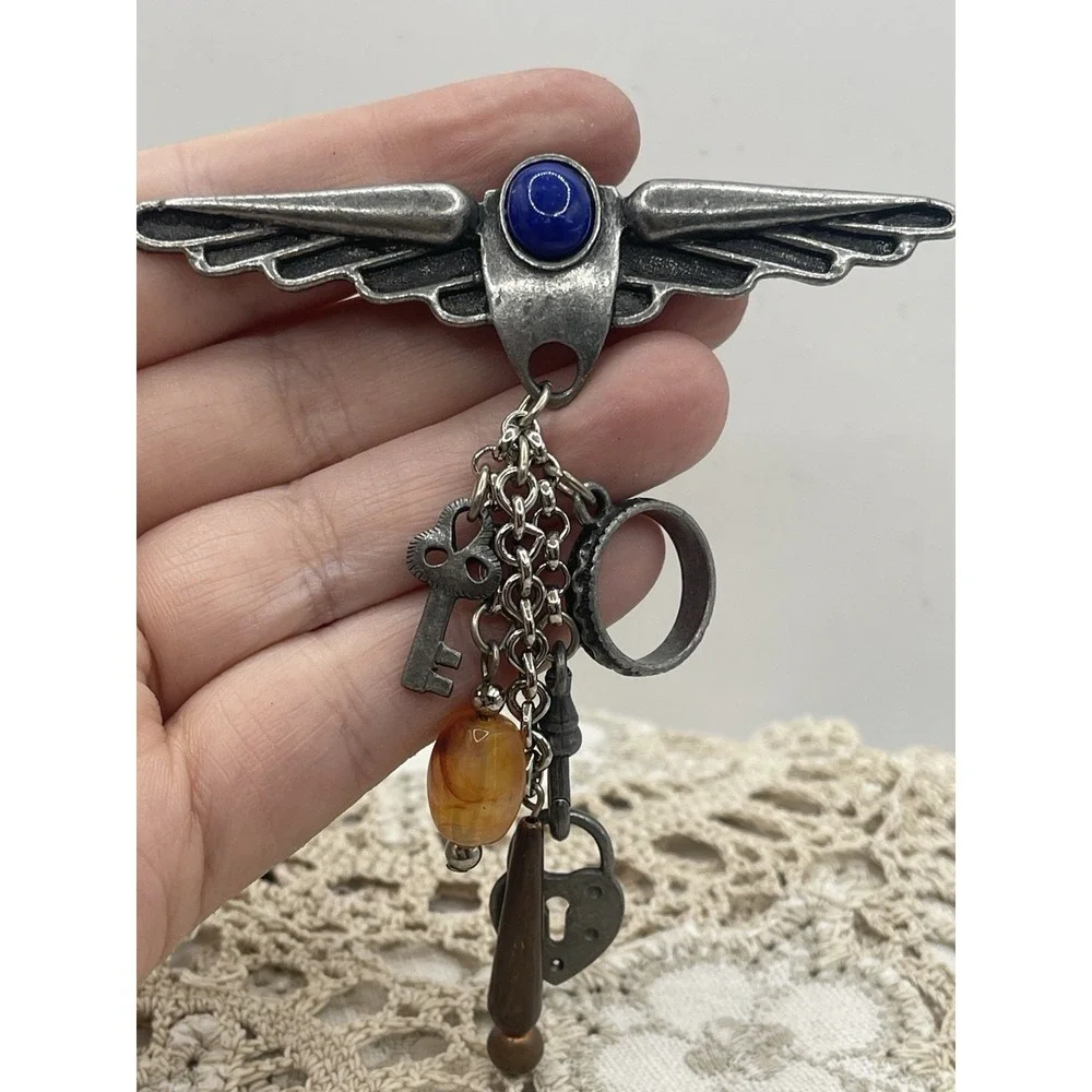 Vtg Steampunk‎ Wings Dangle Chain Charm Pewter Brooch Pin Glass Copper 4